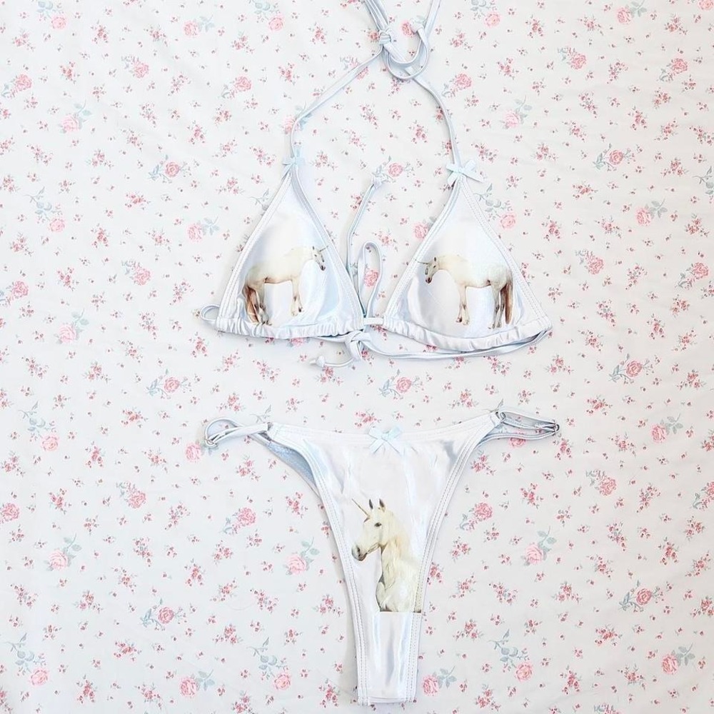 unicorn bikini set y2k pastel blue halter bikini coquette swimwear